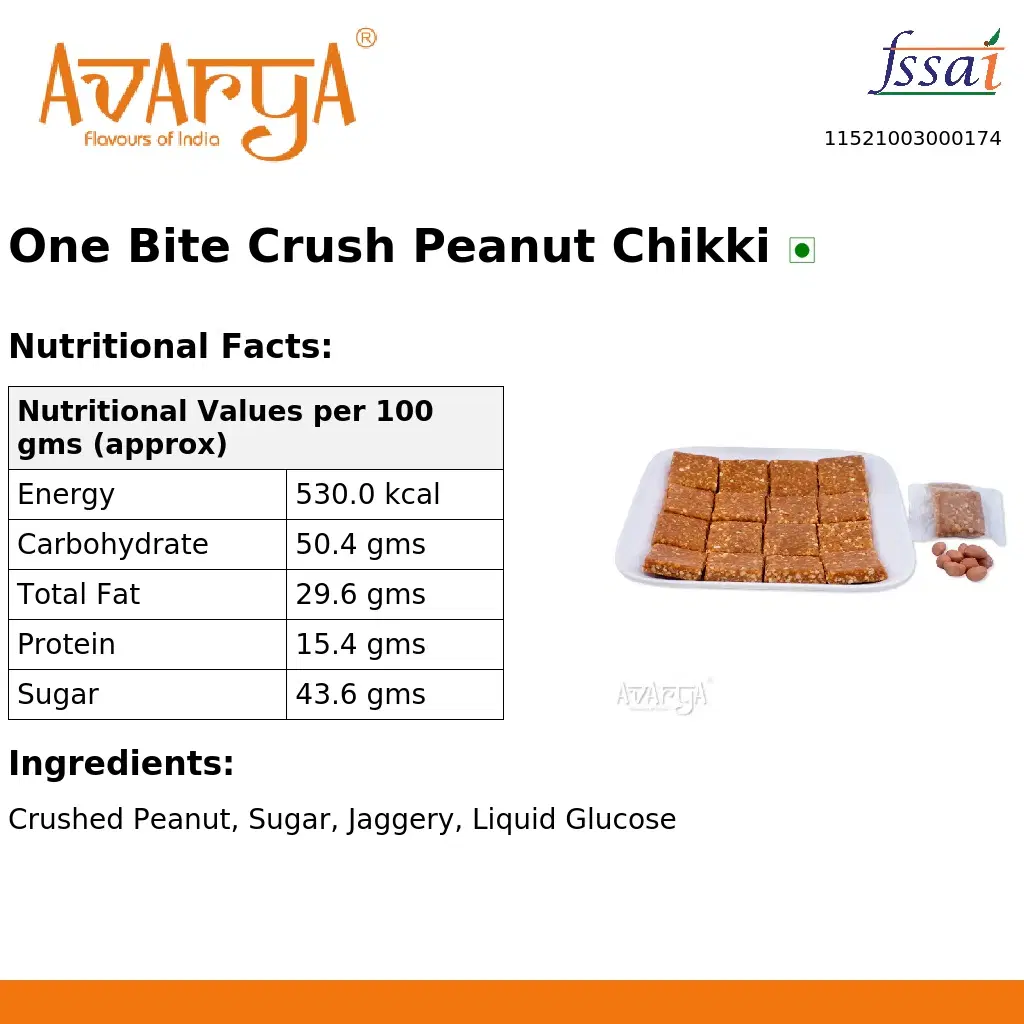 Ingredients And Nutrition Facts Of One Bite Crush Peanut Chikki