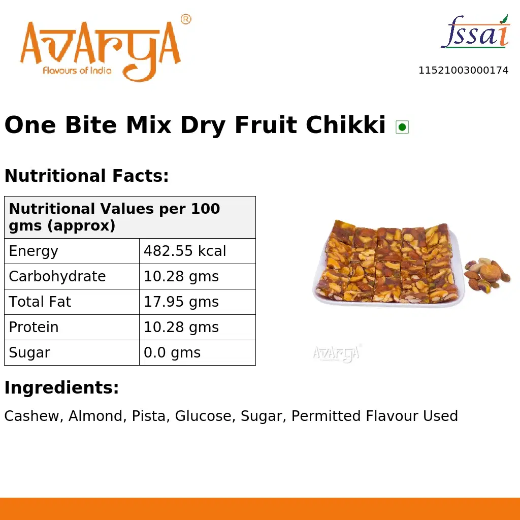 Ingredients And Nutrition Facts Of One Bite Mix Dry Fruit Chikki