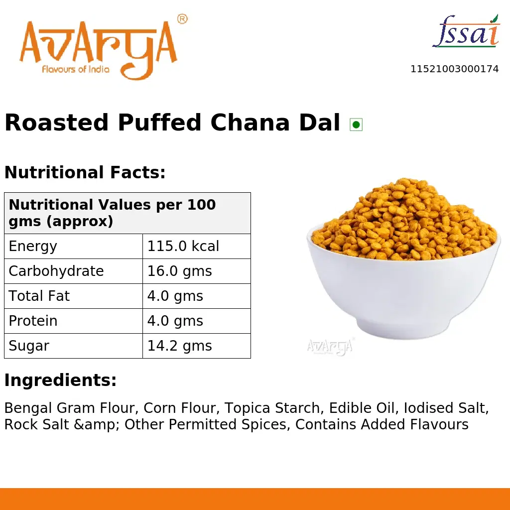 Ingredients And Nutrition Facts Of Roasted Puffed Chana Dal