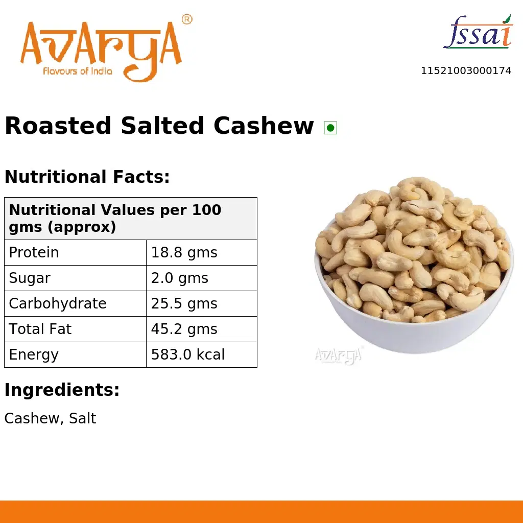 Ingredients And Nutrition Facts Of Roasted Salted Cashew