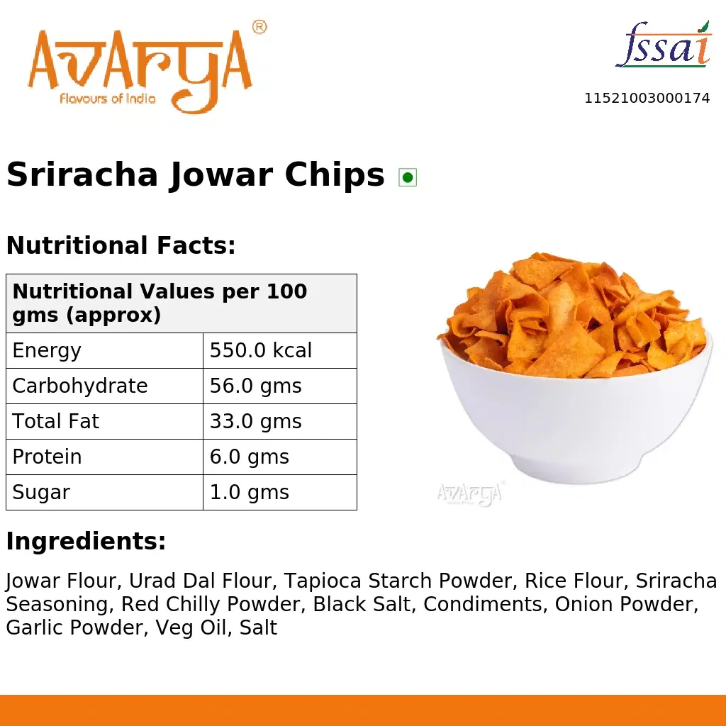 Ingredients And Nutrition Facts Of Sriracha Jowar Chips